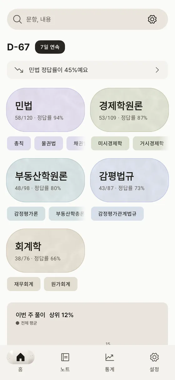 감평사 말문제 홈 화면, 감정평가사 1차 과목 목록과 과목별 정답률